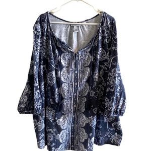 Catherine’s 3X Peasant Style Blouse blue and white
